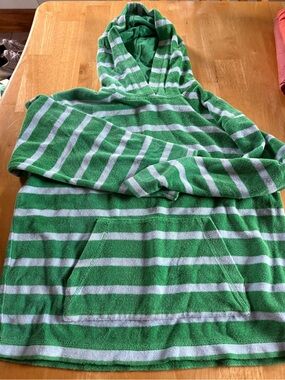 Boden Green and Light Blue Striped Kids Swim Coverup Hoodie
